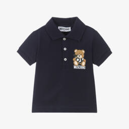 Baby Boys Blue Cotton Teddy Bear Polo Shirt