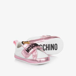Moschino-Baby Girls White & Pink Leather Pre-Walkers | Childrensalon