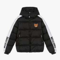Moschino Girls Black Faux Fur Jacket Black Hooded Teddy Bear Logo
