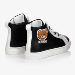 Moschino Kid-Teen-Black Leather High-Top Teddy Logo Trainers | Childrensalon