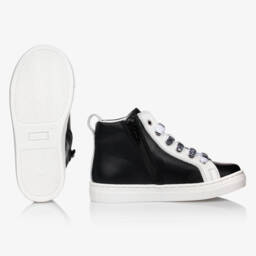 Moschino Kid-Teen-Black Leather High-Top Teddy Logo Trainers | Childrensalon