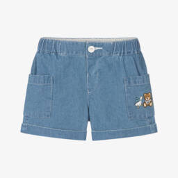 Moschino-Girls Blue Teddy Bear Chambray Shorts | Childrensalon