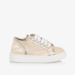 Moschino-Girls Gold Logo Jacquard Trainers | Childrensalon