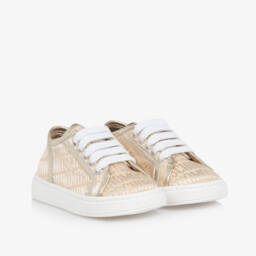 Moschino-Girls Gold Logo Jacquard Trainers | Childrensalon
