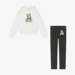 Moschino-Girls Ivory & Black Cotton Hoodie & Leggings Set | Childrensalon