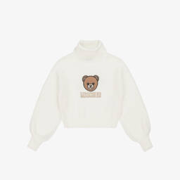 Moschino-Girls Ivory Ribbed Knit Teddy Bear Rollneck Sweater | Childrensalon