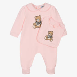 Moschino-Girls Pink Cotton Jersey Teddy Bear Babysuit Set | Childrensalon