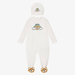 Moschino-Ivory Bear & Rainbow Cotton Babysuit Gift Set | Childrensalon