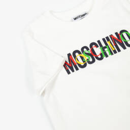 Moschino-Футболка кремовая хлопковая с разноцветным логотипом | Childrensalon