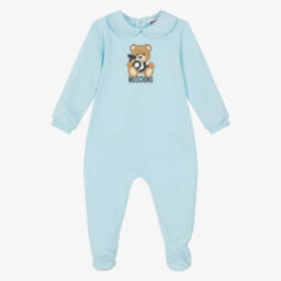 Pale Blue Cotton Teddy Bear Babygrow