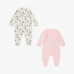 Moschino-Pink & Ivory Cotton Teddy Bear Babygrows (2 Pack) | Childrensalon