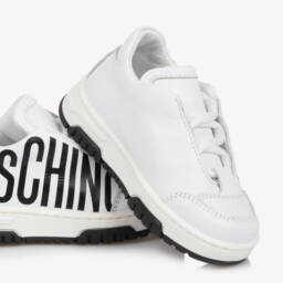 Moschino-White & Black Logo Leather Trainers | Childrensalon