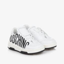 Moschino-White & Black Logo Leather Trainers | Childrensalon