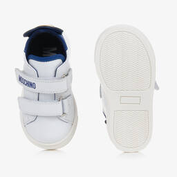 Moschino Kid-Teen-White & Blue Leather Teddy Bear Trainers | Childrensalon