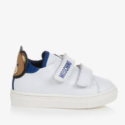 Moschino Kid-Teen-White & Blue Leather Teddy Bear Trainers | Childrensalon