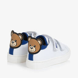 Moschino Kid-Teen-White & Blue Leather Teddy Bear Trainers | Childrensalon