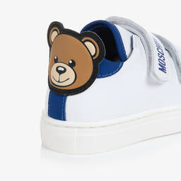 Moschino Kid-Teen-White & Blue Leather Teddy Bear Trainers | Childrensalon