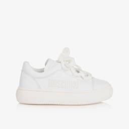 Moschino-White Leather Lace-Up Trainers With Embroidered Logo | Childrensalon