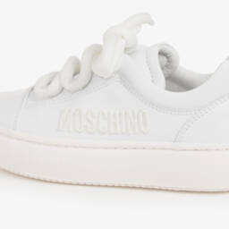 Moschino-White Leather Lace-Up Trainers With Embroidered Logo | Childrensalon
