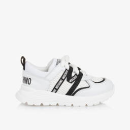 Moschino-White Leather & Mesh Lace-Up Trainers | Childrensalon