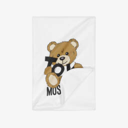 Moschino-White Teddy Bear Logo Cotton Blanket (70cm) | Childrensalon