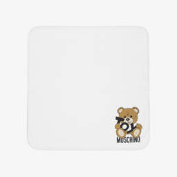 Moschino-White Teddy Bear Logo Cotton Blanket (70cm) | Childrensalon