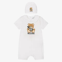 White Teddy Bear Logo Cotton Shortie Set