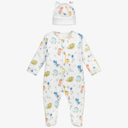 My Little Pie-Boys White Cotton Dinosaur Babysuit Set | Childrensalon