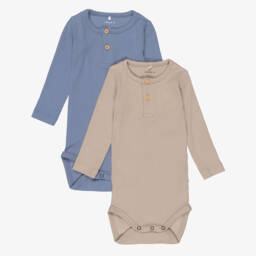 Baby Boys Blue & Beige Cotton Bodyvests (2 Pack)