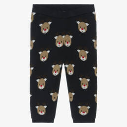 Baby Boys Navy Blue Cotton Knit Reindeer Leggings
