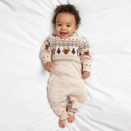 NAME IT-Ромпер бежевый с праздничным узором из хлопкового трикотажа | Childrensalon