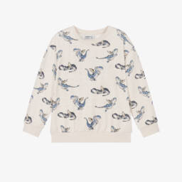 Boys Beige Cotton Sweatshirt with Blue Dragon Prints