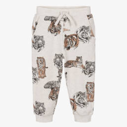 Boys Beige Marl Cotton Joggers with Tiger Print