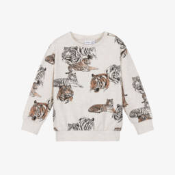 Boys Beige Marl Cotton Sweatshirt with Tiger Print