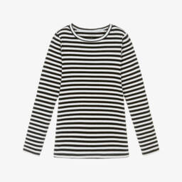 توب مخطط قطن جيرسي لون أبيض وأسود للبنات