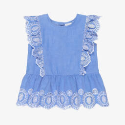 Girls Blue Chambray Blouse with Broderie Detail