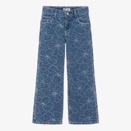 Girls Blue Floral Denim Wide Leg Jeans