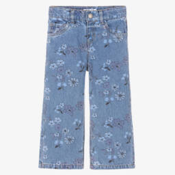 Girls Mid Blue Denim Jeans with Floral Print