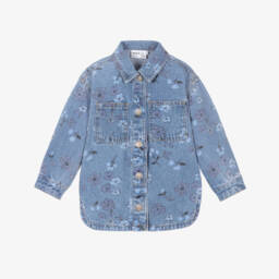 Girls Mid Blue Denim Shacket with Floral Print