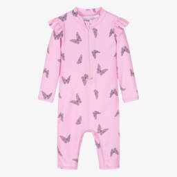 Girls Pink Butterfly Print Sun Suit (UPF50+)