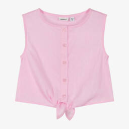 Girls Pink Cotton & Linen Tie-Front Blouse