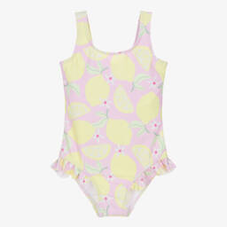 Girls Pink & Yellow Lemon Print Swimsuit