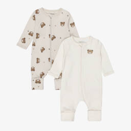 Ivory & Beige Cotton Teddy Bear Babygrows (2 Pack)
