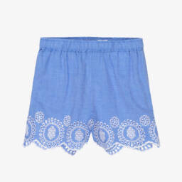 Junior Girls Blue Chambray Shorts with Broderie Detail