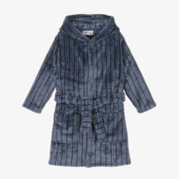 Mid Blue Plush Dressing Gown with Navy Blue Stripes
