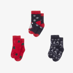 NAME IT-Navy Blue & Red Festive Cotton Socks (3 Pack) | Childrensalon