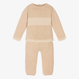 NaturaPura-Beige Knitted Organic Cotton Trouser Set | Childrensalon