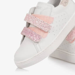 Naturino-Girls White Leather Trainers with Pink Glitter Velcro Straps | Childrensalon
