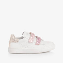 Naturino-Girls White Leather Trainers with Pink Glitter Velcro Straps | Childrensalon