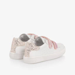 Naturino-Girls White Leather Trainers with Pink Glitter Velcro Straps | Childrensalon